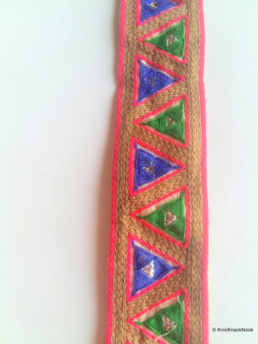 Wholesale Gold Fabric Trim With Green and Blue Triangle Embroidery, Embroidered Trim, 9 Yards